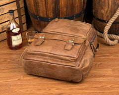 Casual Brown Leather Mens 14 inches Travel School Backpacks Computer Backpack for Men - iwalletsmen