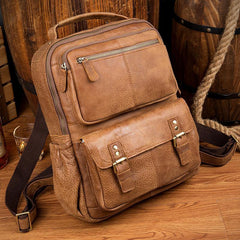 Casual Brown Leather Mens 14 inches Travel School Backpacks Computer Backpack for Men - iwalletsmen
