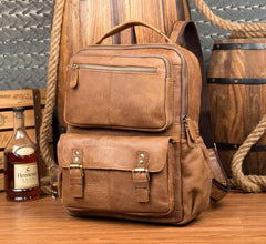 Casual Brown Leather Mens 14 inches Travel School Backpacks Computer Backpack for Men - iwalletsmen