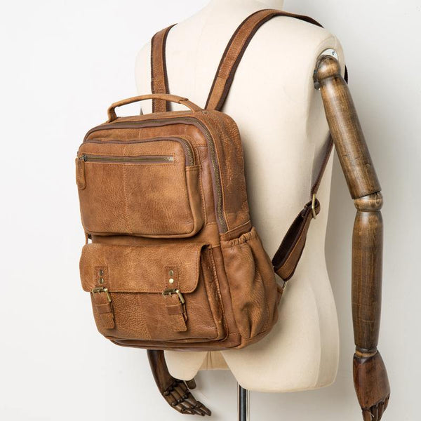 Casual Brown Leather Mens 14 inches Travel School Backpacks Computer Backpack for Men - iwalletsmen