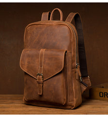 Casual Brown Large Leather Mens 15 inches Travel Backpack Computer Backpack School Backpack for Men - iwalletsmen