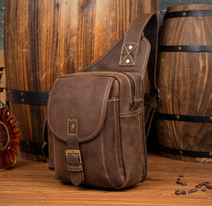 Casual Brown Leather Mens Sling Packs Sling Bag Chest Bag One Shoulder Backpack for Men - iwalletsmen