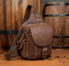 Casual Brown Leather Mens Sling Packs Sling Bag Chest Bag One Shoulder Backpack for Men - iwalletsmen