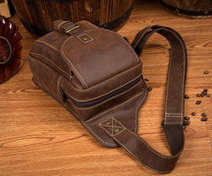 Casual Brown Leather Mens Sling Packs Sling Bag Chest Bag One Shoulder Backpack for Men - iwalletsmen