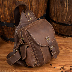 Casual Brown Leather Mens Sling Packs Sling Bag Chest Bag One Shoulder Backpack for Men - iwalletsmen