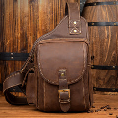 Casual Brown Leather Mens Sling Packs Sling Bag Chest Bag One Shoulder Backpack for Men - iwalletsmen