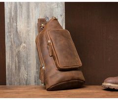 Brown Casual Leather Mens 8 inches Sling Bags Chest Bags One Shoulder Backpack for Men - iwalletsmen