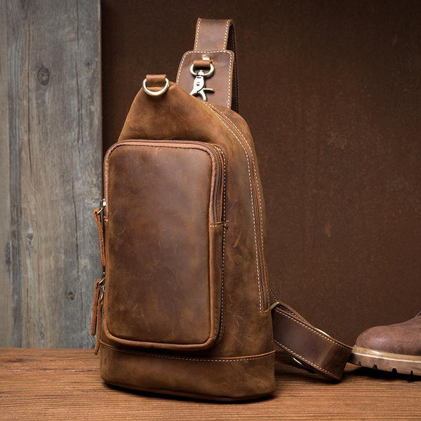Brown Casual Leather Mens 8 inches Sling Bags Chest Bags One Shoulder Backpack for Men - iwalletsmen
