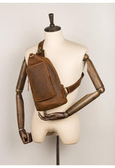 Brown Casual Leather Mens 8 inches Sling Bags Chest Bags One Shoulder Backpack for Men - iwalletsmen