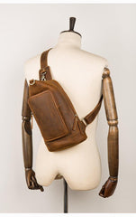 Brown Casual Leather Mens 8 inches Sling Bags Chest Bags One Shoulder Backpack for Men - iwalletsmen