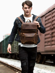 Brown Casual Mens Leather 15inches Computer Backpacks Black Travel Backpack College Backpacks for men - iwalletsmen