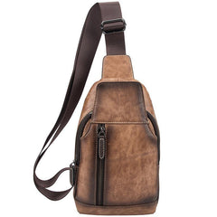 Brown Cool LEATHER MENS 8 inches Tan Sling Bag One Shoulder Backpack Blue Chest Bag For Men - iwalletsmen