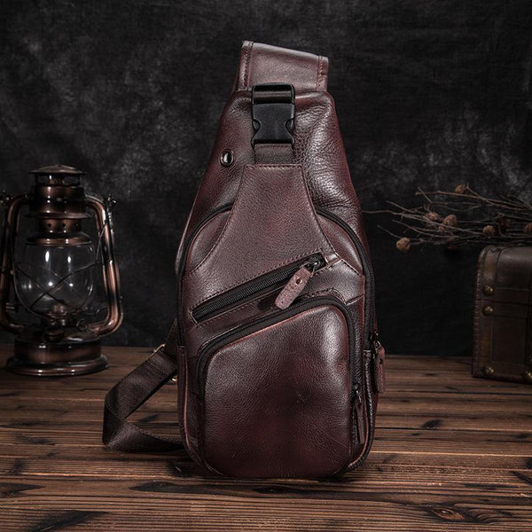 Brown Cool LEATHER MENS 8'' Sling Bag Coffee Chest Bag Brown One Shoulder Bag For Men - iwalletsmen