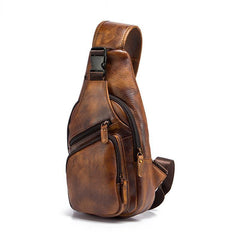 Brown Cool LEATHER MENS 8'' Sling Bag Coffee Chest Bag Brown One Shoulder Bag For Men - iwalletsmen