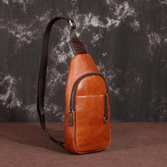Brown Cool LEATHER MENS 8 inches Sling Bag One Shoulder Backpack Dark Brown Chest Bag For Men - iwalletsmen