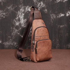 Brown Cool LEATHER MENS 8 inches Sling Bag Yellow One Shoulder Backpack Gray Chest Bag For Men - iwalletsmen