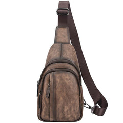 Brown Cool LEATHER MENS Sling Bag 8 inches Small Gray One Shoulder Backpack Chest Bag For Men - iwalletsmen