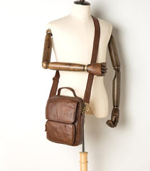 Cool Brown Leather 10 inches Vertical Small Briefcase Side Bags Messenger Bag Courier Bag for Men - iwalletsmen