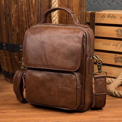 Cool Brown Leather 10 inches Vertical Small Briefcase Side Bags Messenger Bag Courier Bag for Men - iwalletsmen