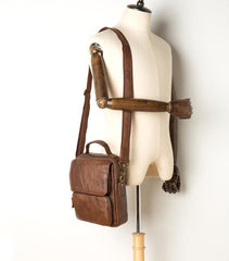Cool Brown Leather 10 inches Vertical Small Briefcase Side Bags Messenger Bag Courier Bag for Men - iwalletsmen