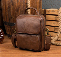 Cool Brown Leather 10 inches Vertical Small Briefcase Side Bags Messenger Bag Courier Bag for Men - iwalletsmen