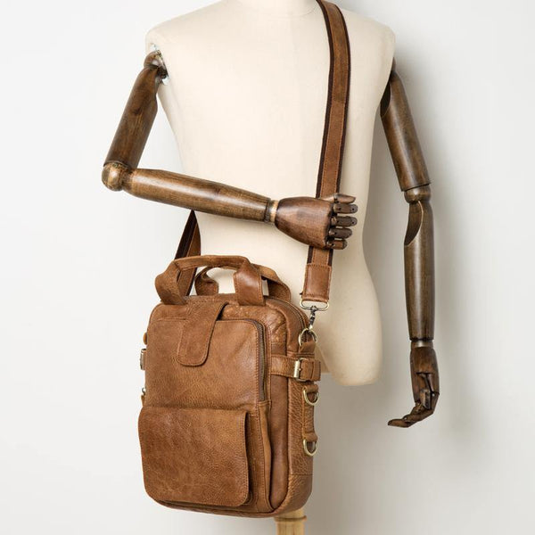 Cool Brown Leather 12 inches Vertical Courier Bags Messenger Bags Camel Postman Bags for Men - iwalletsmen