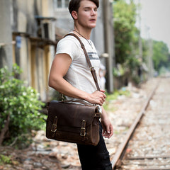 Brown Cool Leather 14 inches Briefcase Work Bag Business Bags Side Bag for Men - iwalletsmen