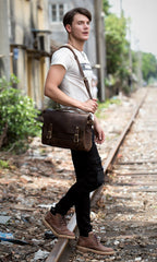 Brown Cool Leather 14 inches Briefcase Work Bag Business Bags Side Bag for Men - iwalletsmen