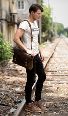Brown Cool Leather 14 inches Briefcase Work Bag Business Bags Side Bag for Men - iwalletsmen