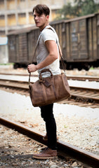 Cool Brown Leather 16 inches Black Shoulder Weekender Bag Travel Bags Duffle luggage Bag for Men - iwalletsmen