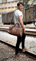 Cool Brown Leather 16 inches Black Shoulder Weekender Bag Travel Bags Duffle luggage Bag for Men - iwalletsmen
