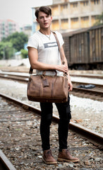 Cool Brown Leather 16 inches Black Shoulder Weekender Bag Travel Bags Duffle luggage Bag for Men - iwalletsmen