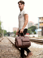 Cool Brown Leather 16 inches Travel Briefcase Side Bag Travel Handbag Luggage Bag for Men - iwalletsmen