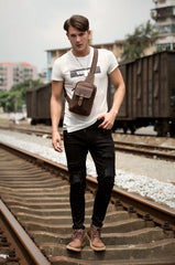 Cool Brown Leather One Shoulder Backpack Sling Bags Crossbody Pack for Men - iwalletsmen