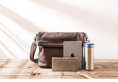 Brown Cool Leather Mens 11 inches Side Bags Messenger Bags Khaki Leather Courier Bag for Men - iwalletsmen