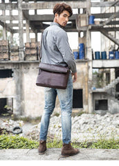 Brown Cool Leather Mens 11 inches Side Bags Messenger Bags Khaki Leather Courier Bag for Men - iwalletsmen