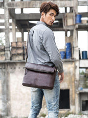 Brown Cool Leather Mens 11 inches Side Bags Messenger Bags Khaki Leather Courier Bag for Men - iwalletsmen
