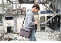 Brown Cool Leather Mens 11 inches Side Bags Messenger Bags Khaki Leather Courier Bag for Men - iwalletsmen