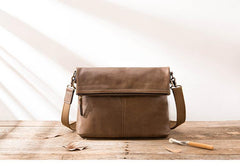 Brown Cool Leather Mens 11 inches Side Bags Messenger Bags Khaki Leather Courier Bag for Men - iwalletsmen