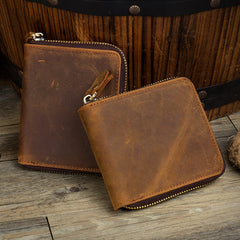Brown Cool Leather Mens billfold Wallet Zipper Trifold Card Small Wallet for Men - iwalletsmen