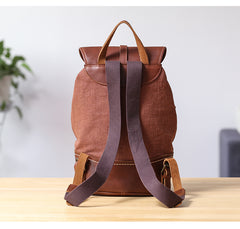 Brown Emroidered Canvas Leather Mens Women Large 14'' College Backpack Travel Backpack for Men - iwalletsmen