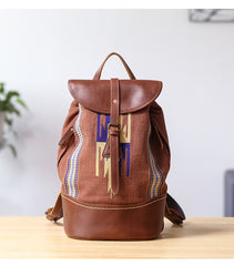 Brown Emroidered Canvas Leather Mens Women Large 14'' College Backpack Travel Backpack for Men - iwalletsmen