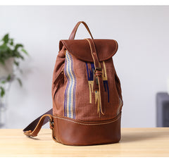Brown Emroidered Canvas Leather Mens Women Large 14'' College Backpack Travel Backpack for Men - iwalletsmen