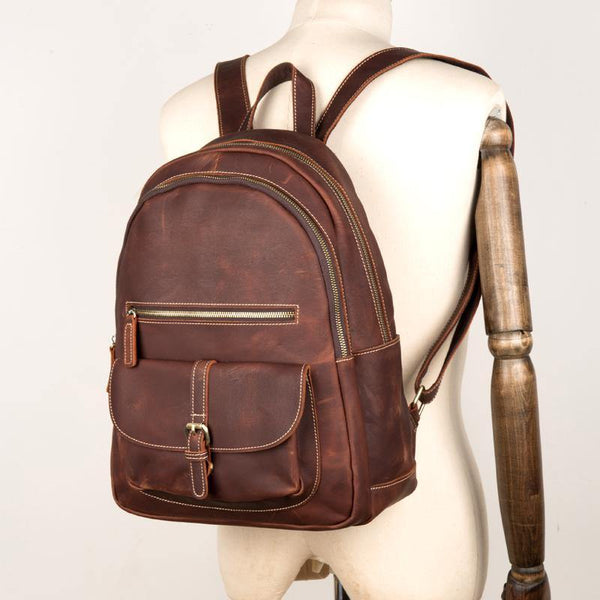 Fashion Brown Mens Leather 14-inch Large Laptop Backpacks Brown Travel Backpacks School Backpack for men - iwalletsmen