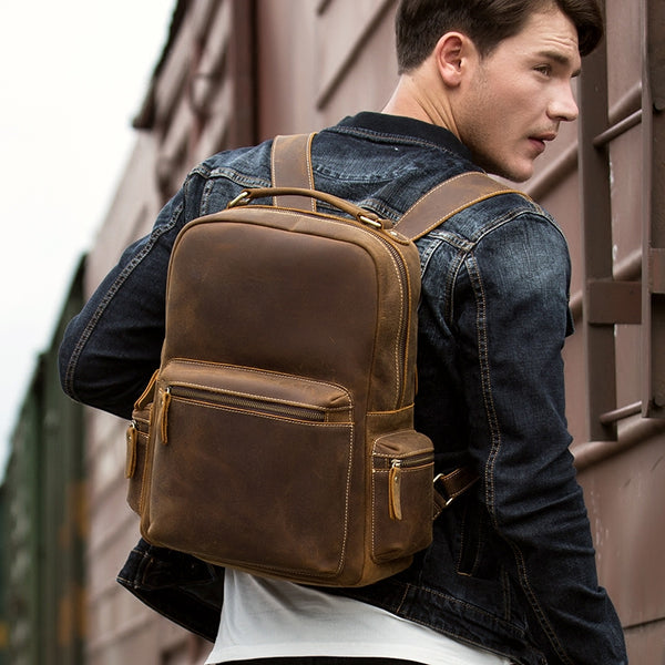 Fashion Brown Mens Leather 15-inch Computer Laptop Backpack Brown Travel Backpack School Backpacks for men - iwalletsmen