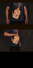 Handmade Beige Ganesha Tooled Leather Sling Bag Chest Bag One Shoulder Backpack For Men - iwalletsmen