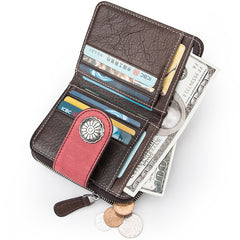 Brown Small Bifold Wallet Leather Womens billfold Small Wallet Zipper Red Card Wallet For Men - iwalletsmen