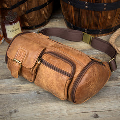 Brown Leather Barrel Fanny Pack Mens 8 inches Waist Bag Hip Pack Belt Bags Bumbags for Men - iwalletsmen