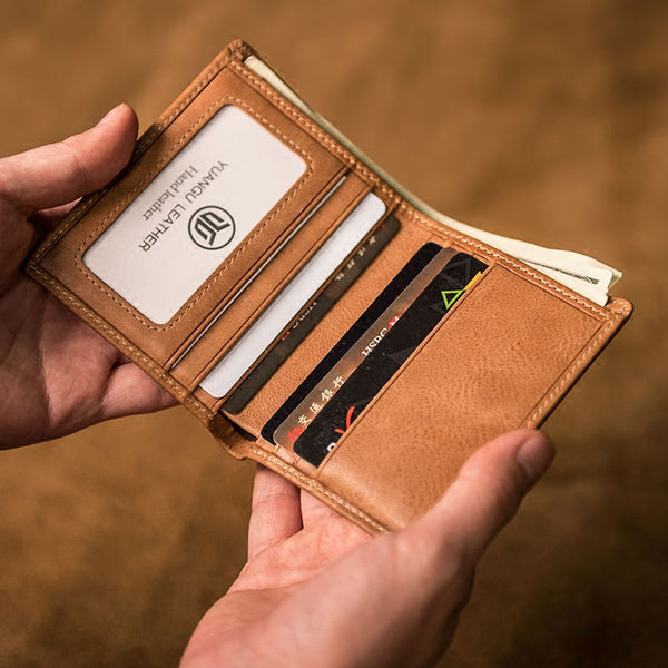 Brown Leather Men Slim Small Wallet Bifold Small Vintage Wallet for Men