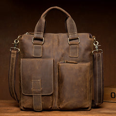 Vintage Brown Leather Mens 13 inches Vertical Briefcase Laptop Bags Business Bags Work Messenger Bag for Men - iwalletsmen